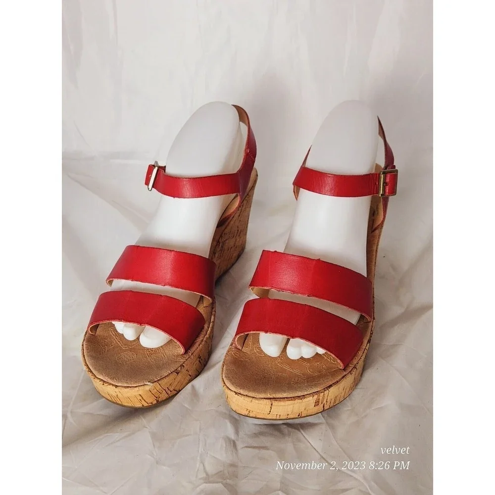 Kork-Ease Q20212 Red Tish Cork‎ Platform Wedge Slingback Leather Sandals Sz 10